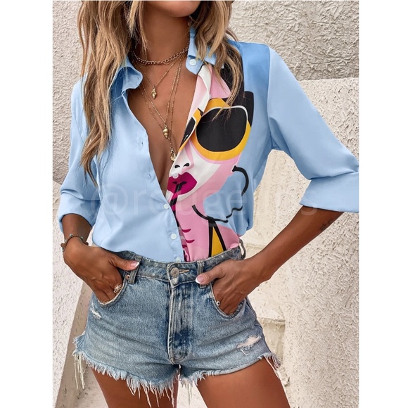 Abstract Pop Art Face Print Blue Button Down Shirt Long Sleeve - Picture 6 of 8